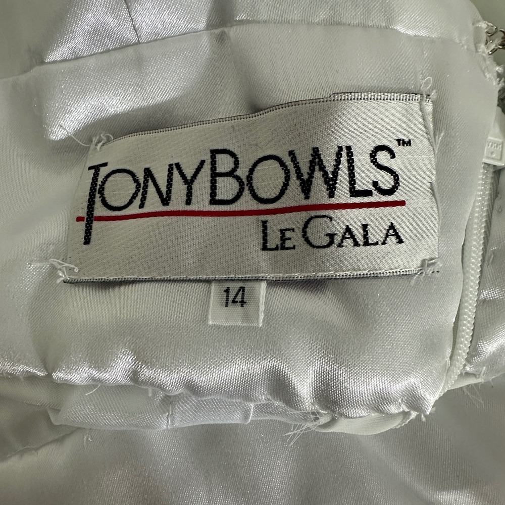 VTG Tony Bowls Le Gala Woman Dress 14 White Blue Floral Beaded Ethereal Romantic - Picture 15 of 16